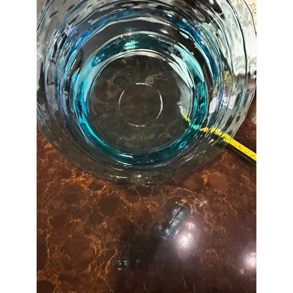 Turquoise Blue Glass Decorative Bowl Wavy Rim Textured Centerpiece 11.5 Inch